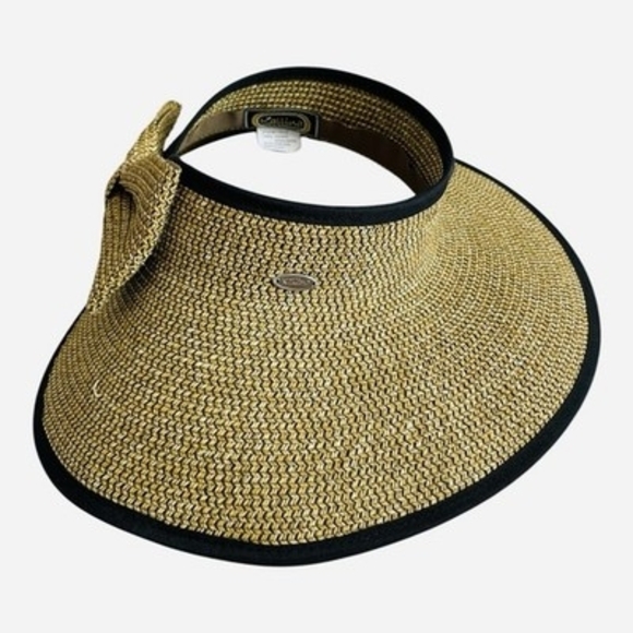 Kallina Straw Visor Sun Hat Wide Brim Packable Tan Black Bow Women\'s OS VG main image 4